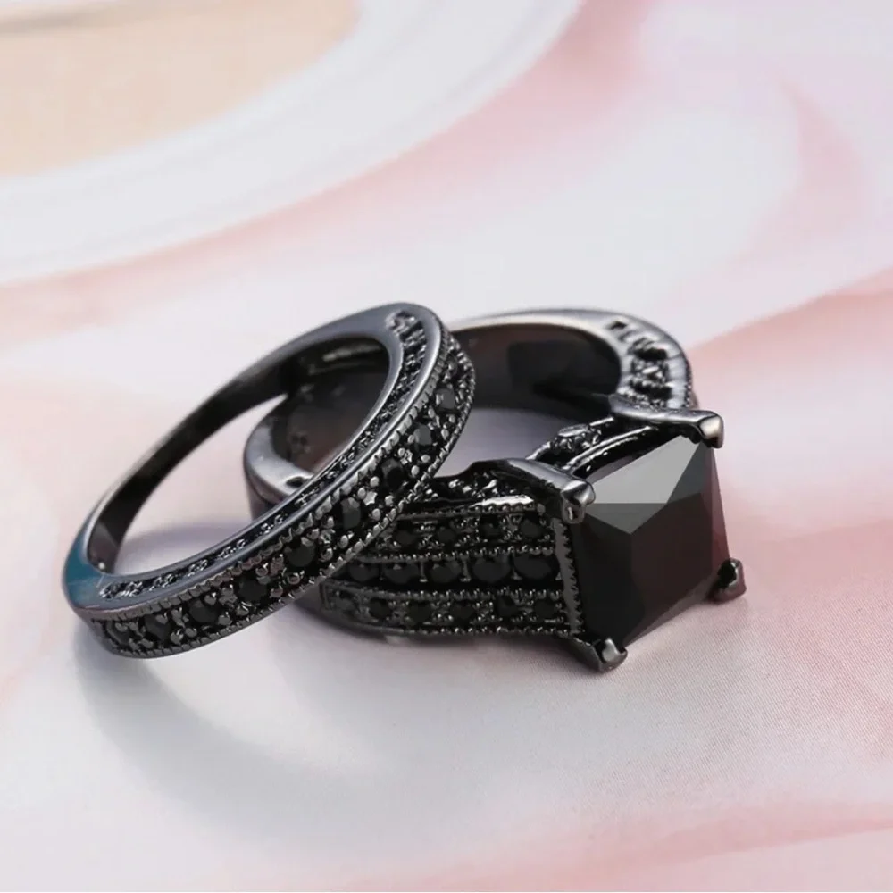 SODROV Vintage Black Gold Plated Black Zircon Jewelry Ring Sets for Women - Picture 2 of 3